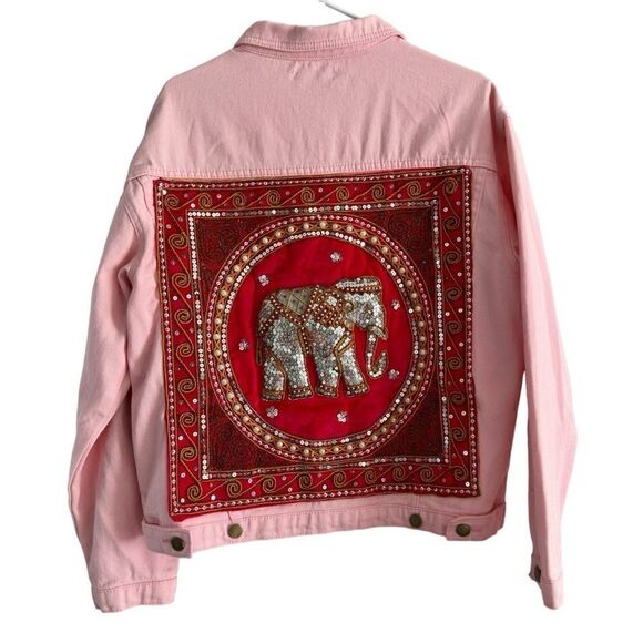 Elsie & Fred Pink Denim Jacket Artsy Embellished Elephant Back Patch Women’s M/L - Picture 1 of 9